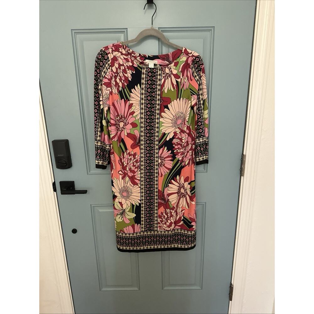 LONDON TIMES Women Dress Pink Black 3/4 Sleeve Knee Length Stretch Shift Size 12